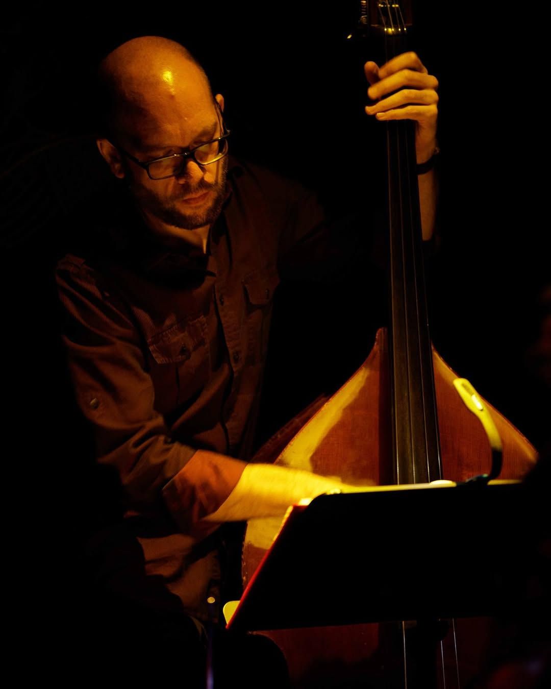 Upright bass under low warm light
